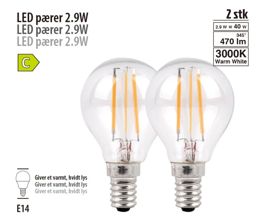 LED-dråpepære 2,9 W E14 - 2 pk.