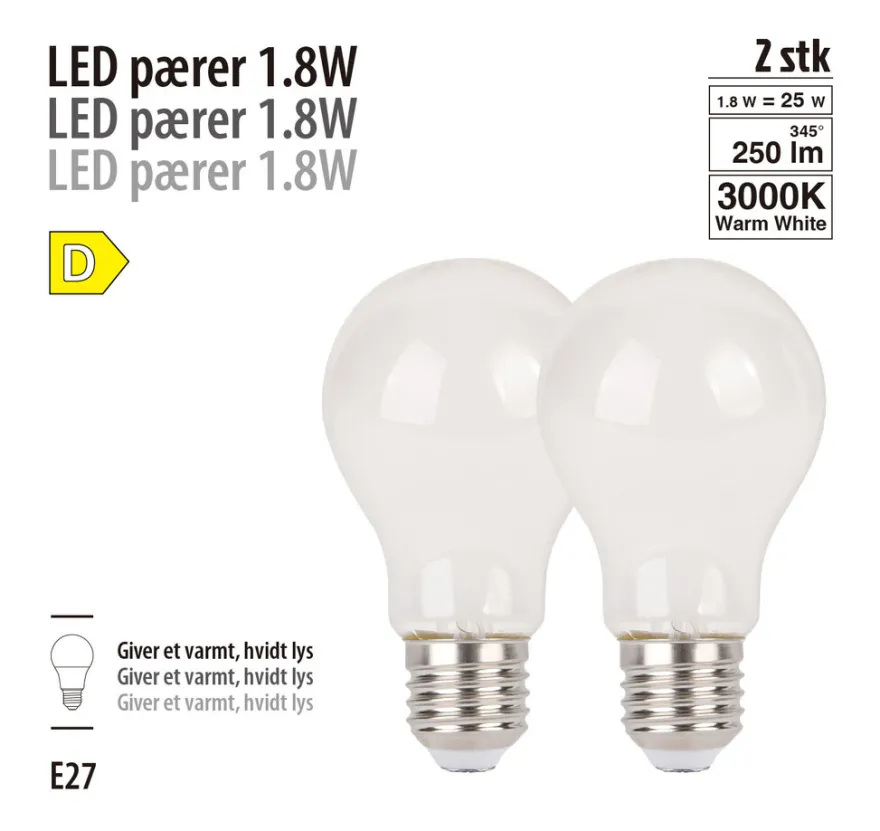LED-filamentpærer 1,8 W E27 - 2-pk.