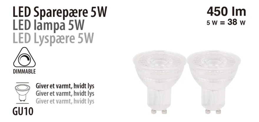 LED-spotpære 5 W GU10 dimbare - 2-pk.
