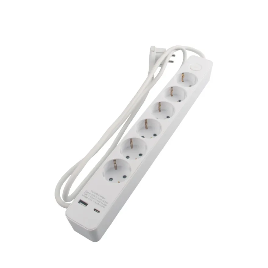 Skjøteledning 6-veis schuko m/USB og bryter hvit 1,5 m