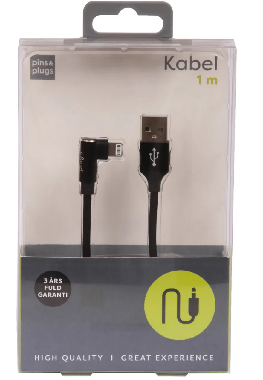 USB-A til lightning-kabel med 90-graders plugg – 1 meter